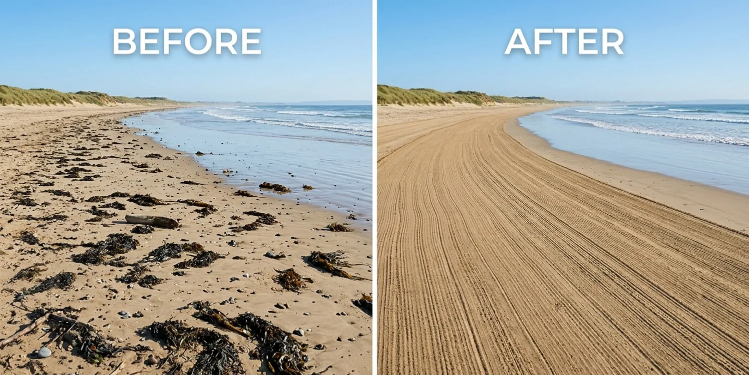 Before and after photos of a Cape Cod beach, from seaweed-covered to raked and groomed