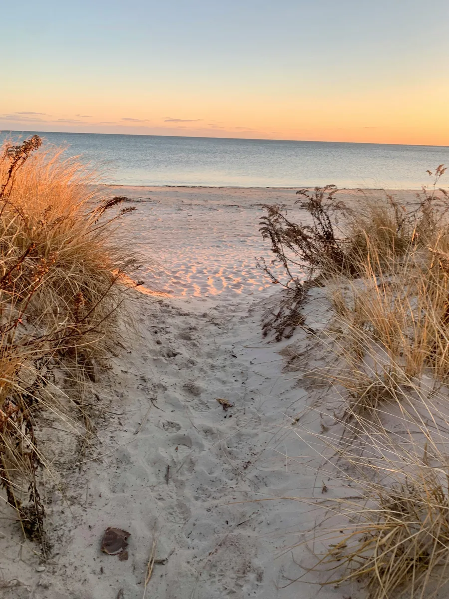 Sandy dune path leading to a Cape Cod beach at sunset