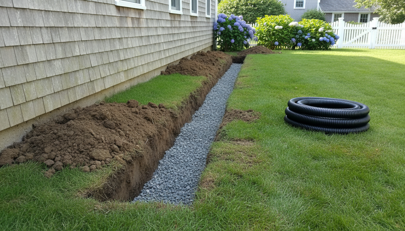 Close-up of freshly dug and graded soil during excavation on Cape Cod