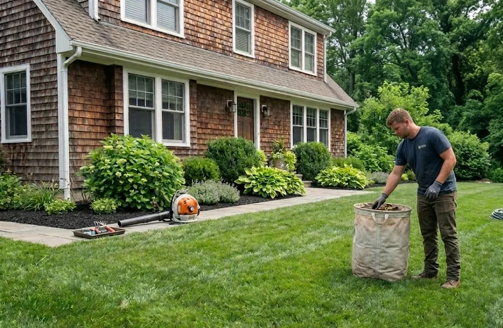 Crew member hauling debris after a cleanup on a Cape Cod property