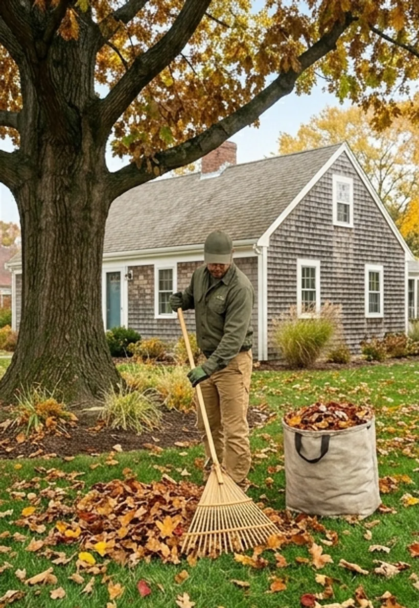 Crew member raking a large pile of fall leaves in front of a Cape Cod shingle home