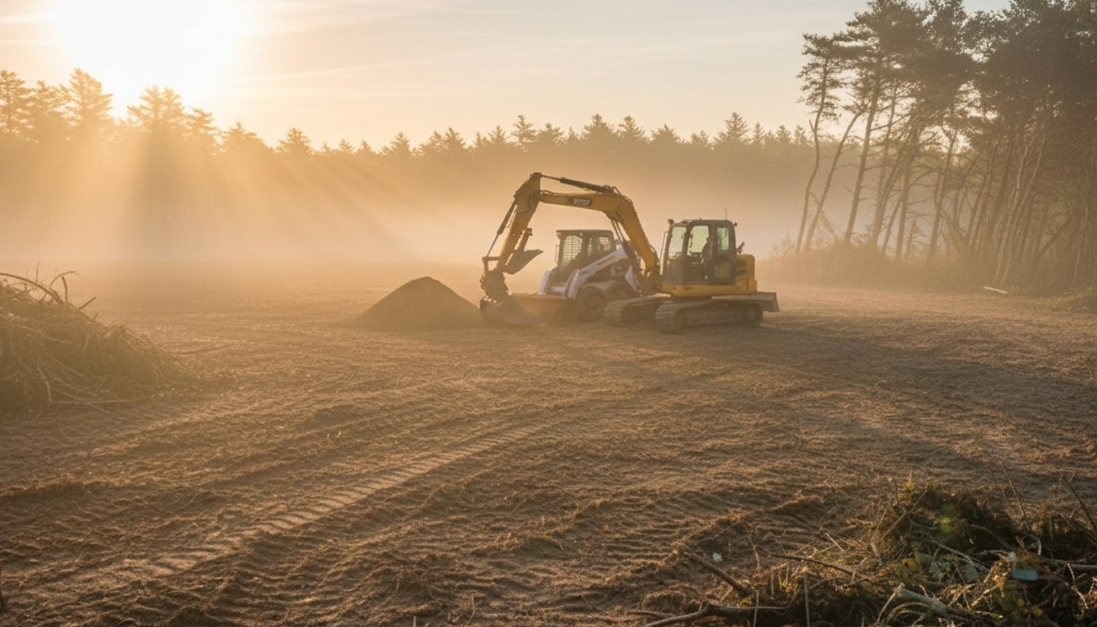 Excavation equipment working on a Cape Cod property during daylight
