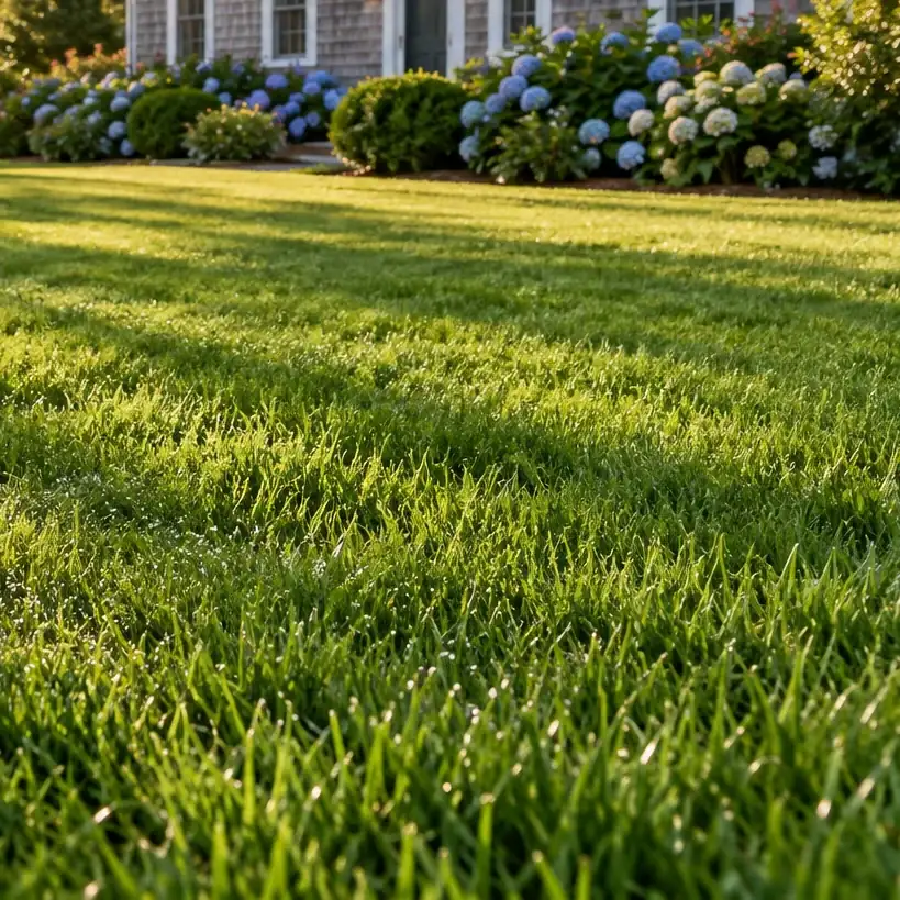 Lush green backyard lawn bordered by hydrangeas on a Cape Cod property