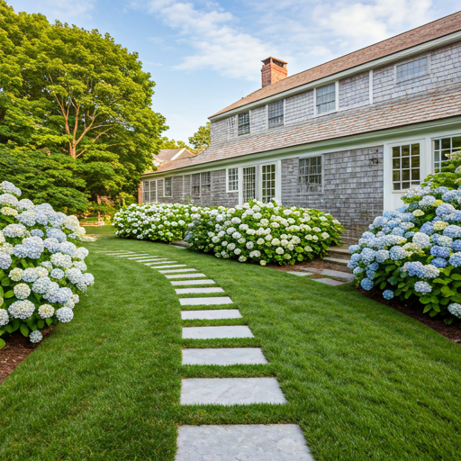 Well-kept hydrangea beds along a shingled Cape Cod home