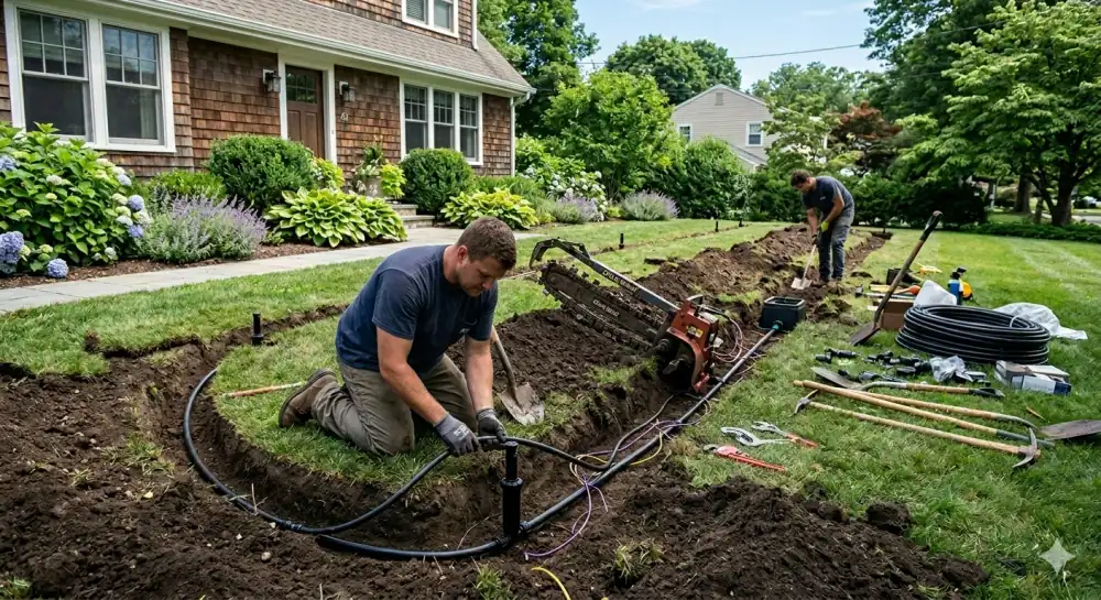Irrigation sprinkler head watering a lawn on a Cape Cod property