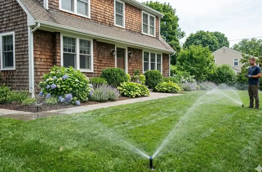 Sears technician checking sprinkler zones on a Cape Cod property with hydrangea beds