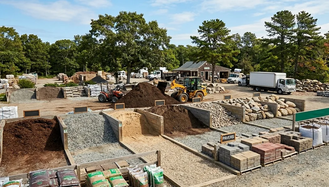 Landscape materials yard with mulch, stone, and loam bins on Cape Cod