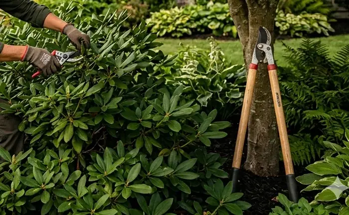 Hand-pruning an ornamental shrub in a Cape Cod garden bed