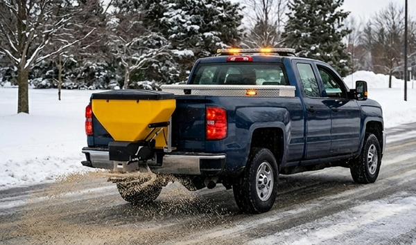 Sanding truck applying ice-control treatment to an icy Cape Cod road