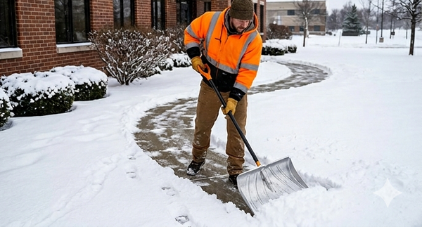 Worker shoveling snow from a walkway at a Cape Cod property