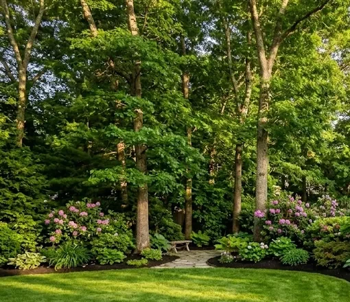 Mature shade trees and blooming rhododendrons on a well-maintained Cape Cod property
