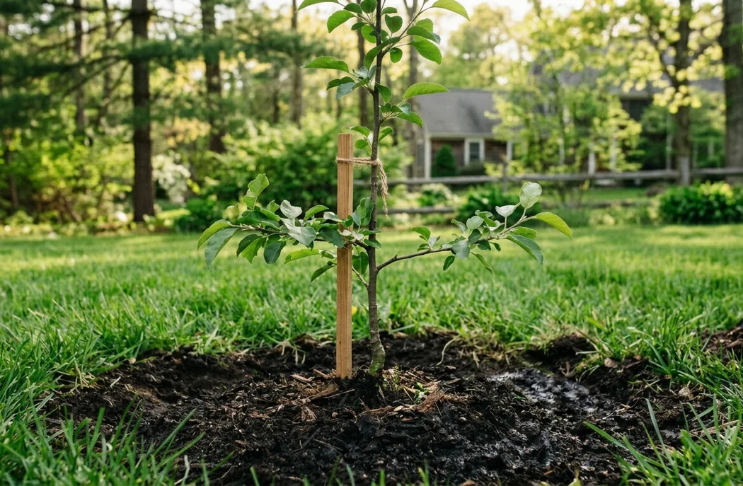 Newly planted and staked young tree in a Cape Cod lawn