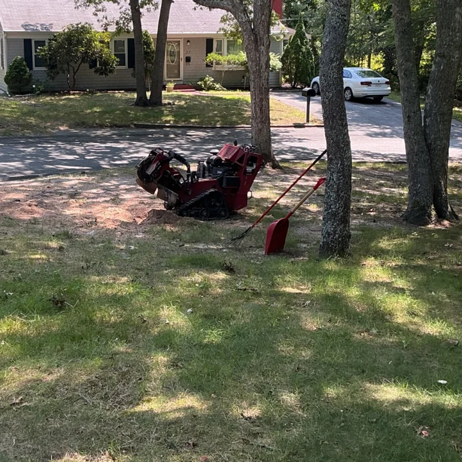Stump grinder equipment set up in a front yard on Cape Cod