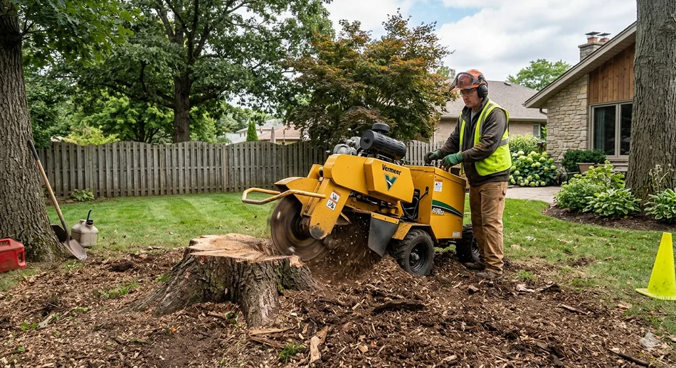Crew member grinding a tree stump with proper safety gear on Cape Cod