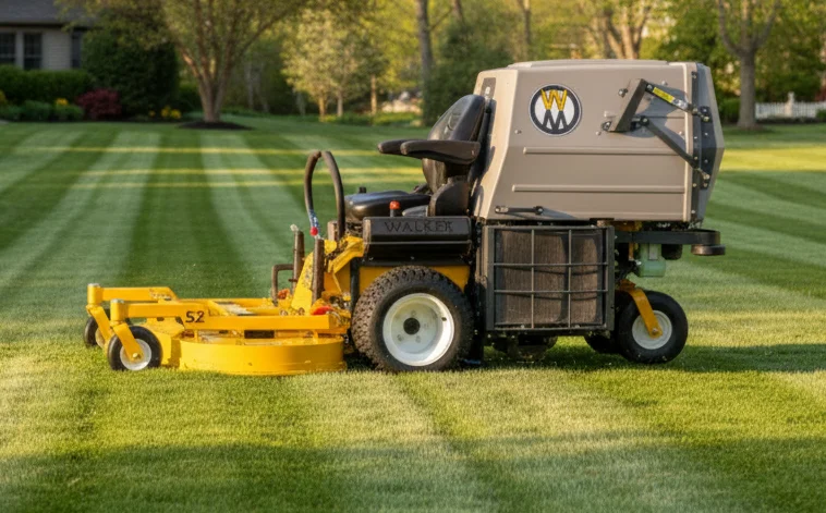 Walk-behind mower cutting a residential Cape Cod lawn