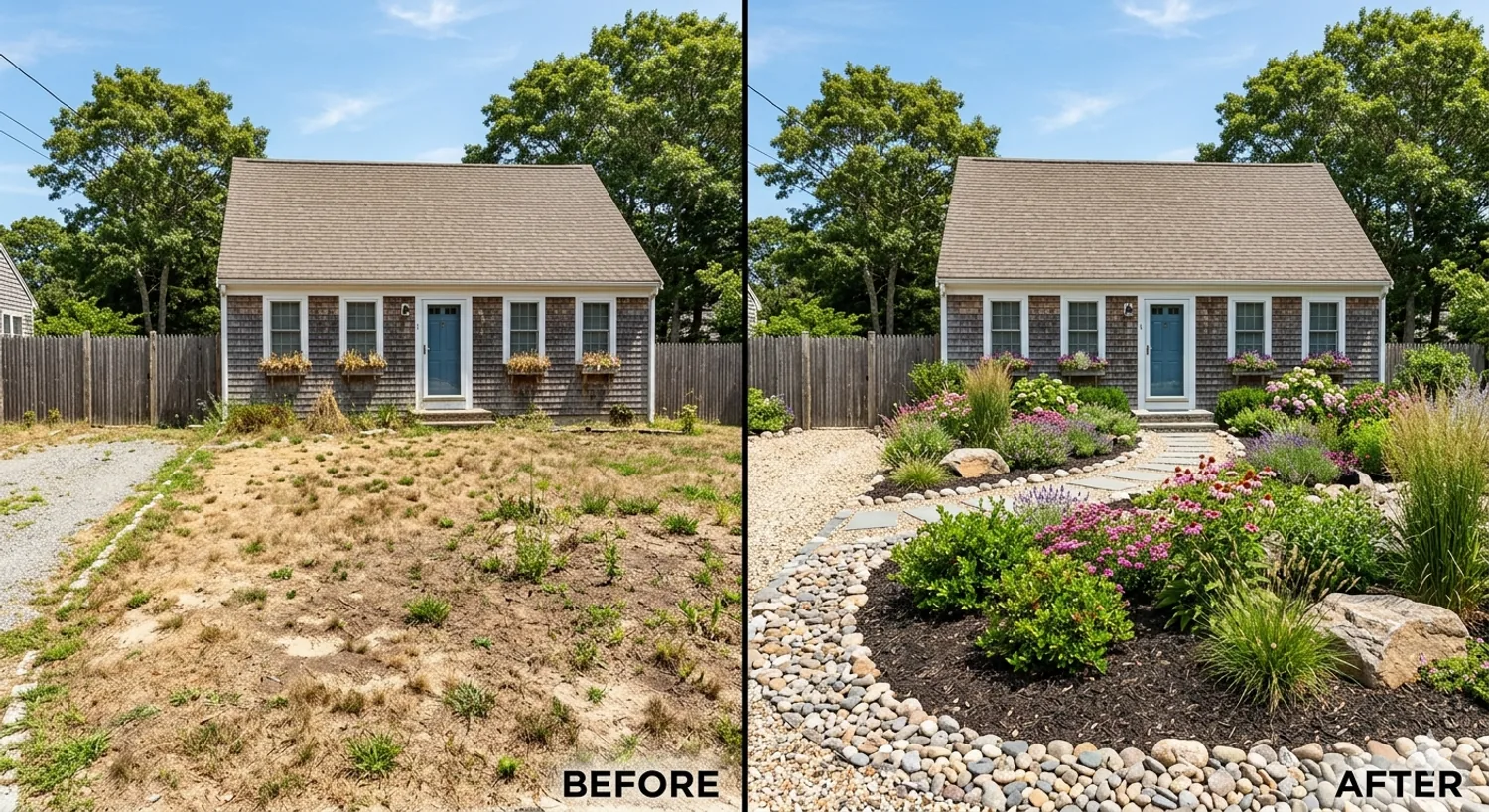 Before and after photos of a Cape Cod front yard converted from patchy lawn to a xeriscape garden