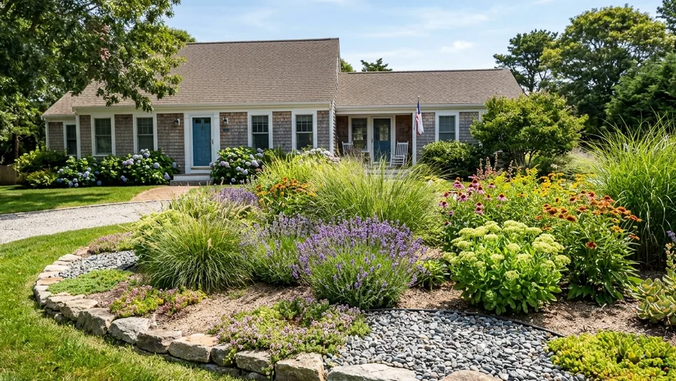 Native perennial and ornamental grass bed with a dry stream bed at a Cape Cod home