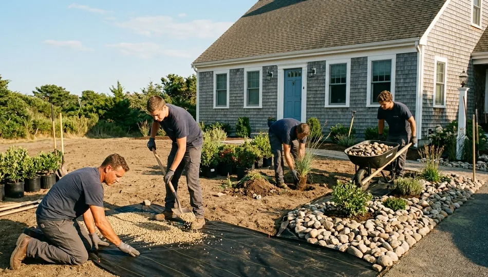 Crew installing a river rock dry stream bed and native plantings on Cape Cod