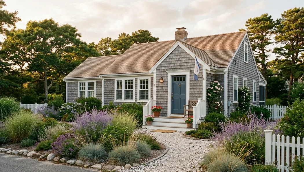 Drought-tolerant xeriscape garden with gravel path at a Cape Cod shingle cottage