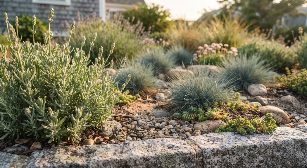 Lavender, blue fescue grass, and sedum planted among stone at a Cape Cod xeriscape garden