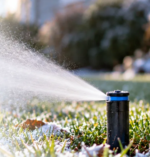 Sprinkler head blowing out water on a frosty lawn